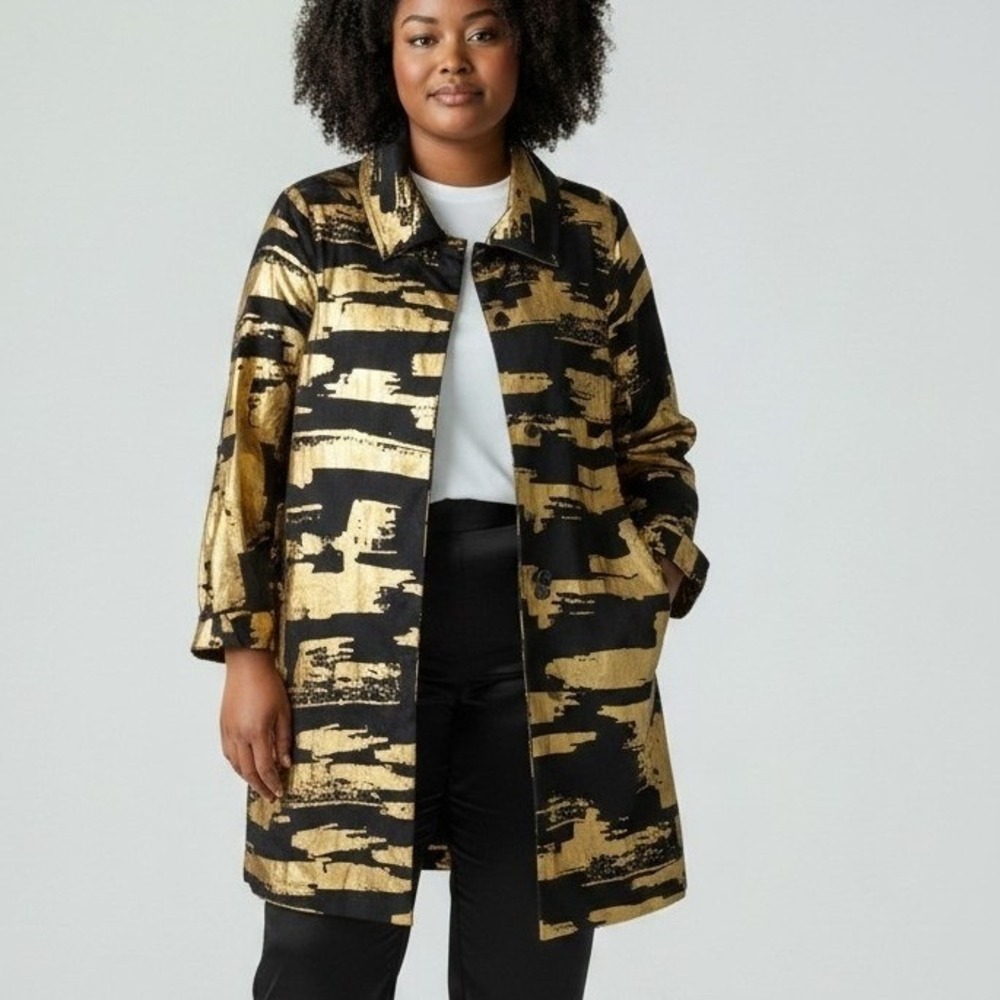 Berek Women Black Gold Metallic Foil Brushstroke Longline Jacket Coat Blazer L